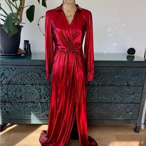 Shiny Red Wrap Maxi Dress With Sky High Slit